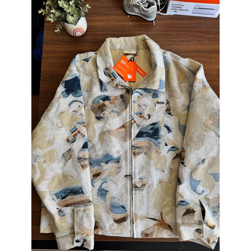 YoungLA Men Tapestry Full Zip Jacket Abstract Floral Cream Blue Large NWT